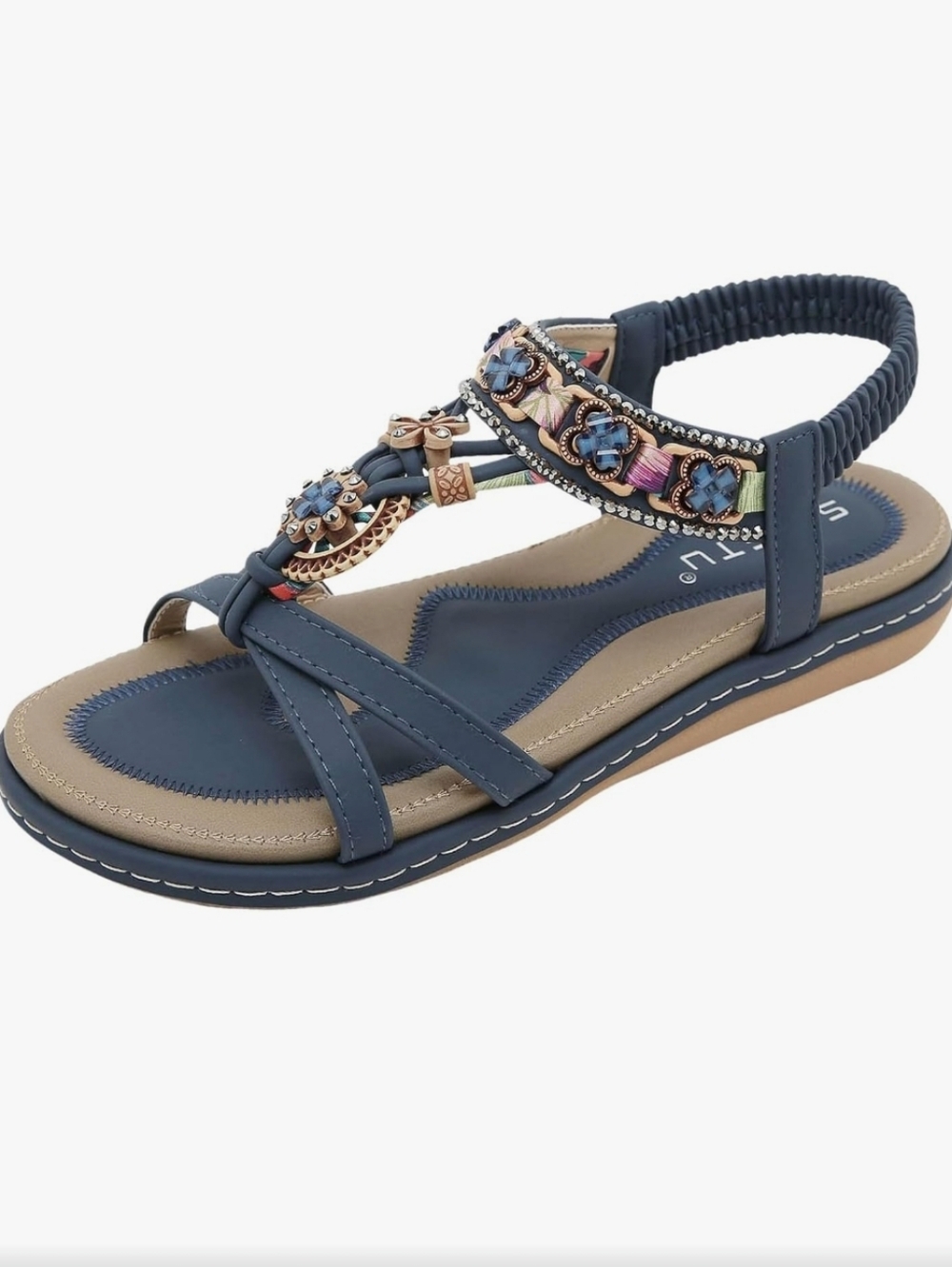 Women's Navy Beaded T-Strap Sandals - Comfort Fashion Size 11